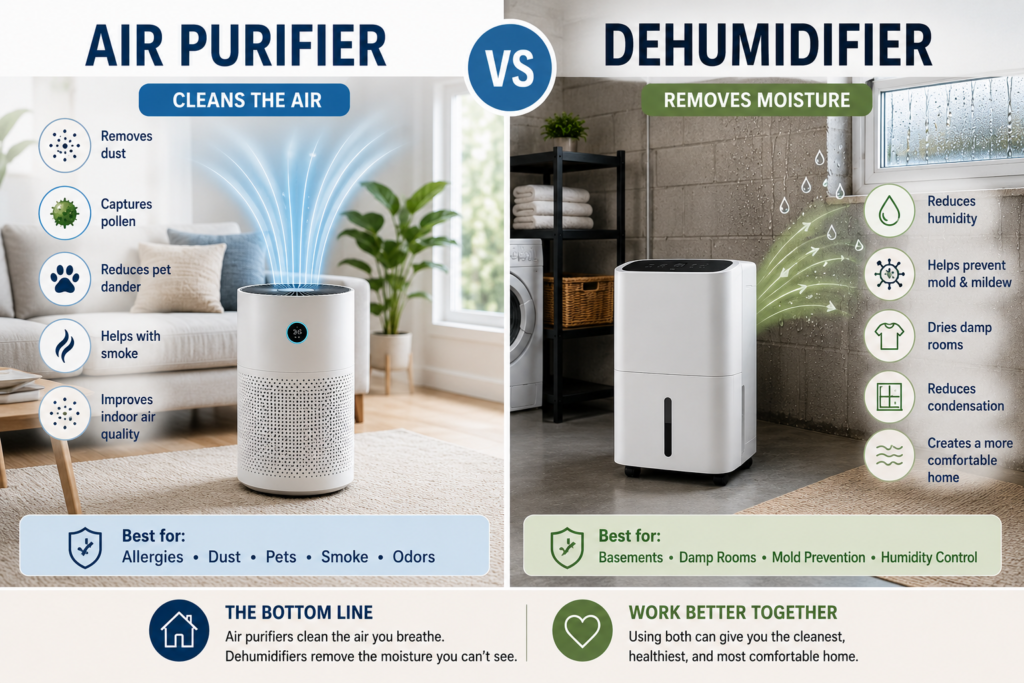 Side-by-side comparison showing how an air purifier improves indoor air quality while a dehumidifier removes excess moisture and reduces humidity in the home.