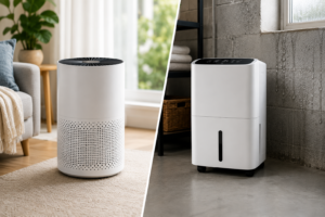Modern air purifier and dehumidifier shown side by side in a home, illustrating the difference between improving indoor air quality and reducing excess humidity.