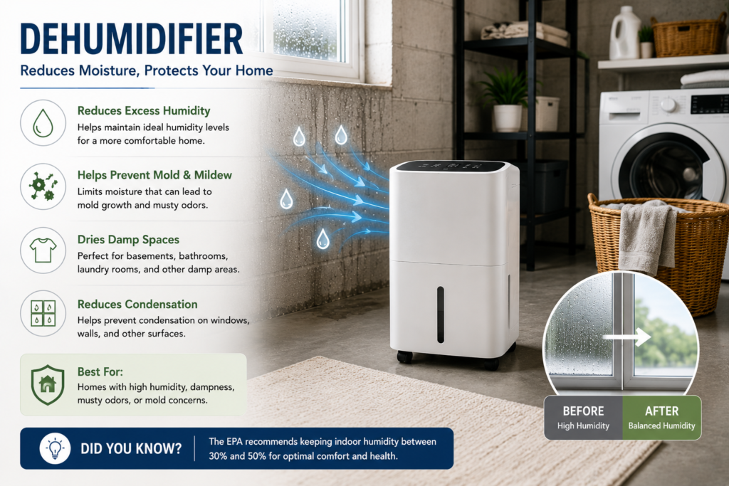 Modern dehumidifier operating in a basement laundry room to reduce excess humidity, prevent mold growth, and eliminate damp conditions.