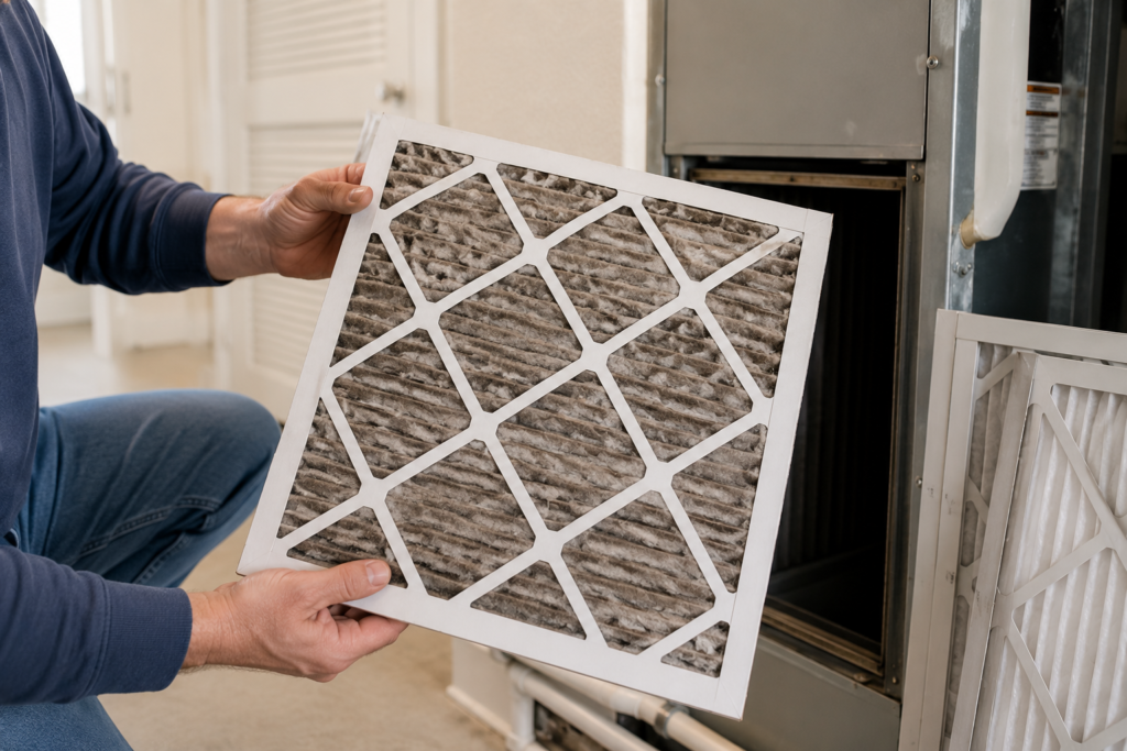 Homeowner inspecting a dirty HVAC filter beside a residential furnace during routine HVAC maintenance