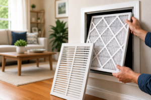 Homeowner replacing an HVAC air filter in a wall return vent inside a bright and comfortable living room