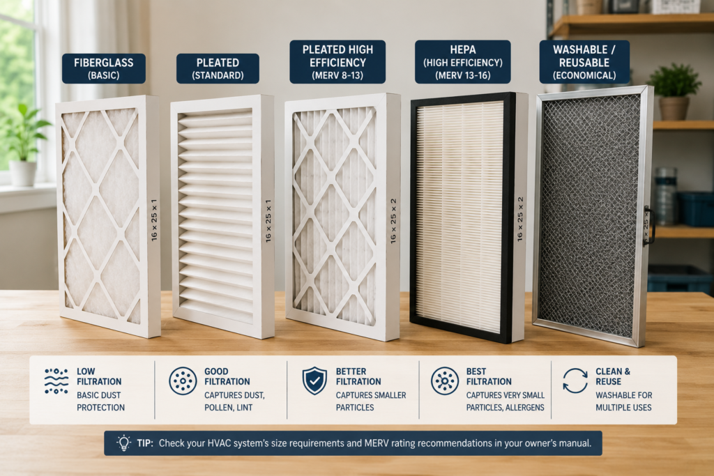 Comparison of different HVAC filter types including fiberglass, pleated, high-efficiency, HEPA, and washable filters displayed side by side