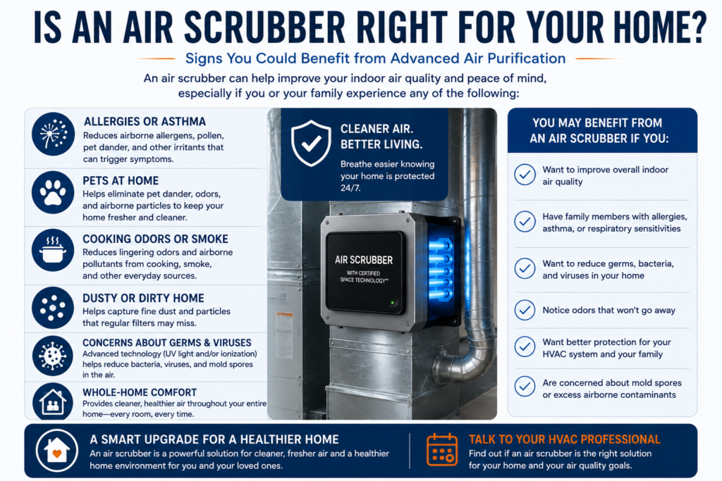 Decision guide infographic showing who should consider installing an HVAC air scrubber.