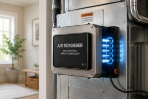 Whole-home HVAC air scrubber installed inside residential ductwork.