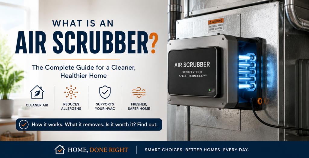Modern HVAC air scrubber installed inside home ductwork for whole-home air purification.