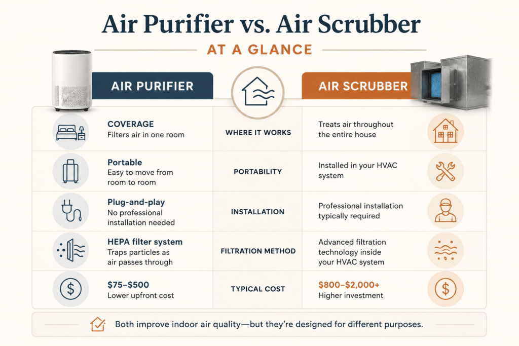 Comparison diagram showing the differences between a portable air purifier and a whole-house HVAC air scrubber, including coverage, installation, filtration, portability, and cost.