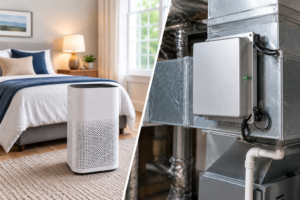 A split image showing a portable air purifier in a bedroom beside a whole-house air scrubber installed in residential HVAC ductwork.
