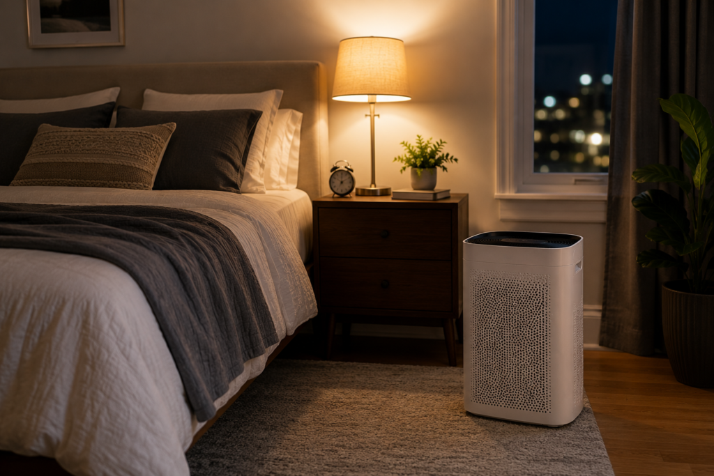 A compact air purifier operating beside a bed in a peaceful bedroom during the evening.