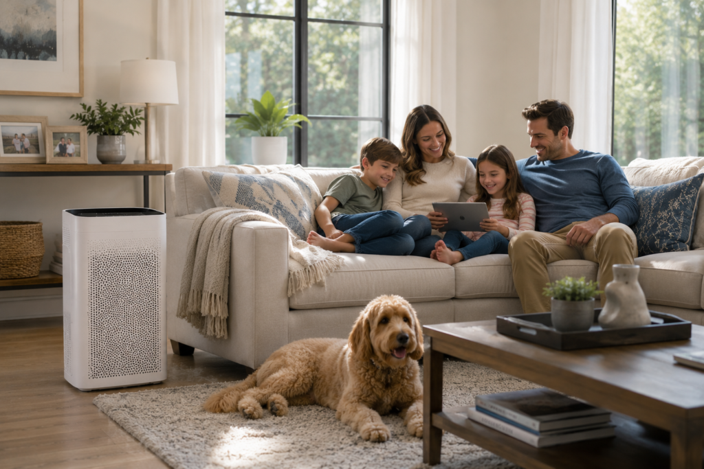 A family relaxing comfortably in a bright living room while an air purifier operates nearby.