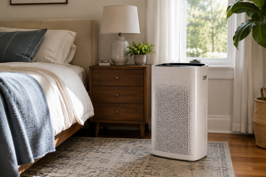 A portable HEPA air purifier operating beside a bed in a clean, naturally lit bedroom.